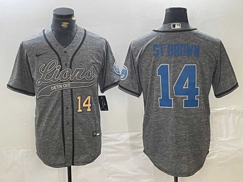 Mens Detroit Lions #14 Amon-Ra St. Brown Number Gray Cool Base Stitched Baseball Jersey